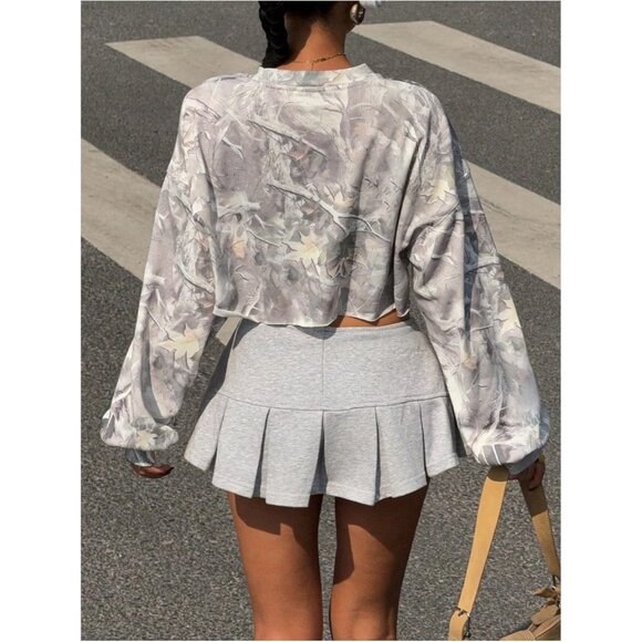 Women's Camo Print Crop Crewneck Sweatshirt Long Sleeve Vintage Y2K Top - Picture 2 of 5